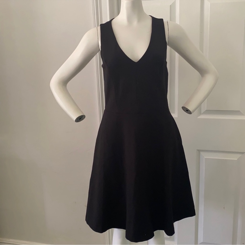 Loft Ann Taylor Cut-Out Back V-Neck Fit & Flare A-Line Black Rayon Dress